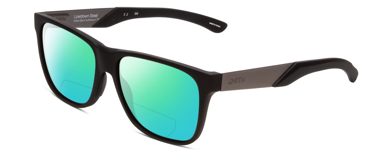 Profile View of Smith Optics Lowdown Steel Designer Polarized Reading Sunglasses with Custom Cut Powered Green Mirror Lenses in Matte Black Ruthenium Silver Unisex Classic Full Rim Acetate 56 mm