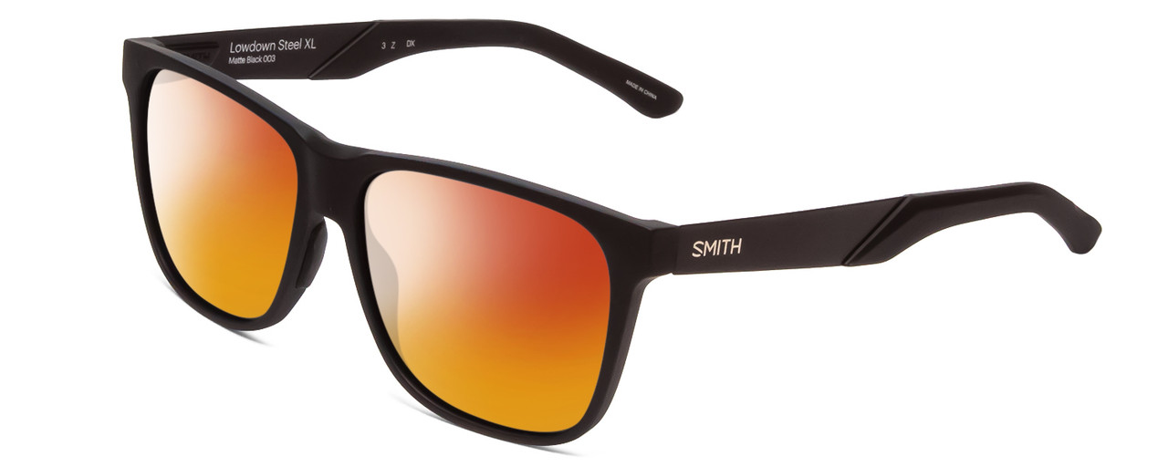 Profile View of Smith Optics Lowdown Steel XL Designer Polarized Sunglasses with Custom Cut Red Mirror Lenses in Matte Black Unisex Classic Full Rim Acetate 59 mm