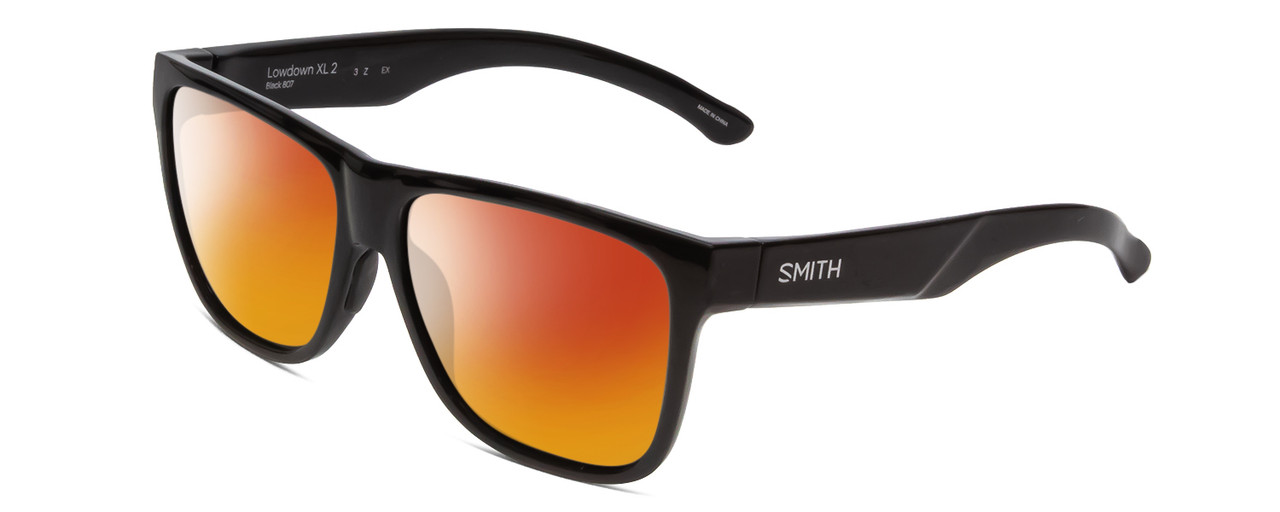Profile View of Smith Optics Lowdown Xl 2 Designer Polarized Sunglasses with Custom Cut Red Mirror Lenses in Gloss Black Unisex Classic Full Rim Acetate 60 mm