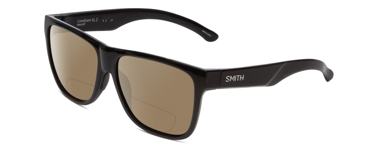 Profile View of Smith Optics Lowdown Xl 2 Designer Polarized Reading Sunglasses with Custom Cut Powered Amber Brown Lenses in Gloss Black Unisex Classic Full Rim Acetate 60 mm