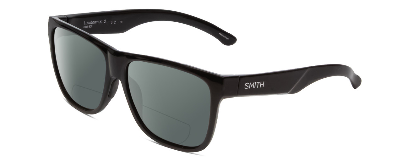 Profile View of Smith Optics Lowdown Xl 2 Designer Polarized Reading Sunglasses with Custom Cut Powered Smoke Grey Lenses in Gloss Black Unisex Classic Full Rim Acetate 60 mm