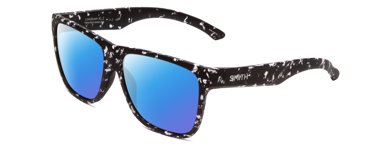 Profile View of Smith Optics Lowdown Xl 2 Designer Polarized Sunglasses with Custom Cut Blue Mirror Lenses in Matte Black Marble Tortoise Unisex Classic Full Rim Acetate 60 mm