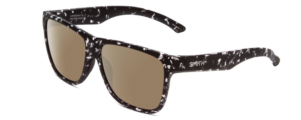 Profile View of Smith Optics Lowdown Xl 2 Designer Polarized Sunglasses with Custom Cut Amber Brown Lenses in Matte Black Marble Tortoise Unisex Classic Full Rim Acetate 60 mm