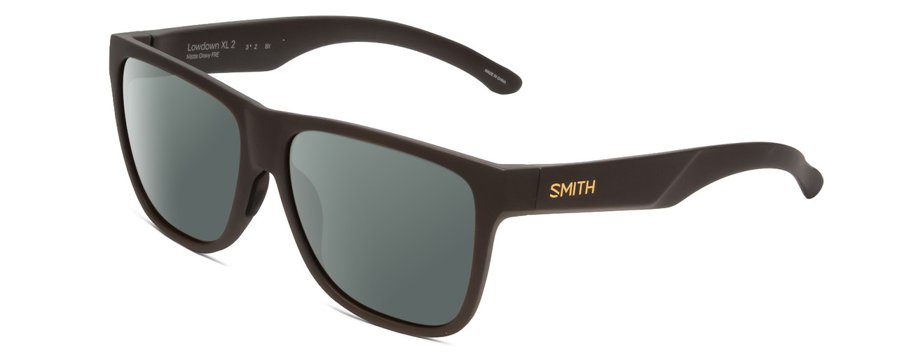 Profile View of Smith Optics Lowdown Xl 2 Designer Polarized Sunglasses with Custom Cut Smoke Grey Lenses in Matte Gravy Grey Unisex Classic Full Rim Acetate 60 mm