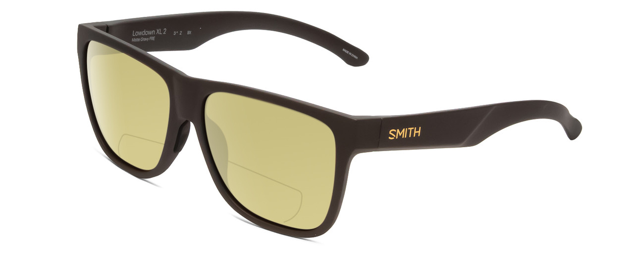 Profile View of Smith Optics Lowdown Xl 2 Designer Polarized Reading Sunglasses with Custom Cut Powered Sun Flower Yellow Lenses in Matte Gravy Grey Unisex Classic Full Rim Acetate 60 mm