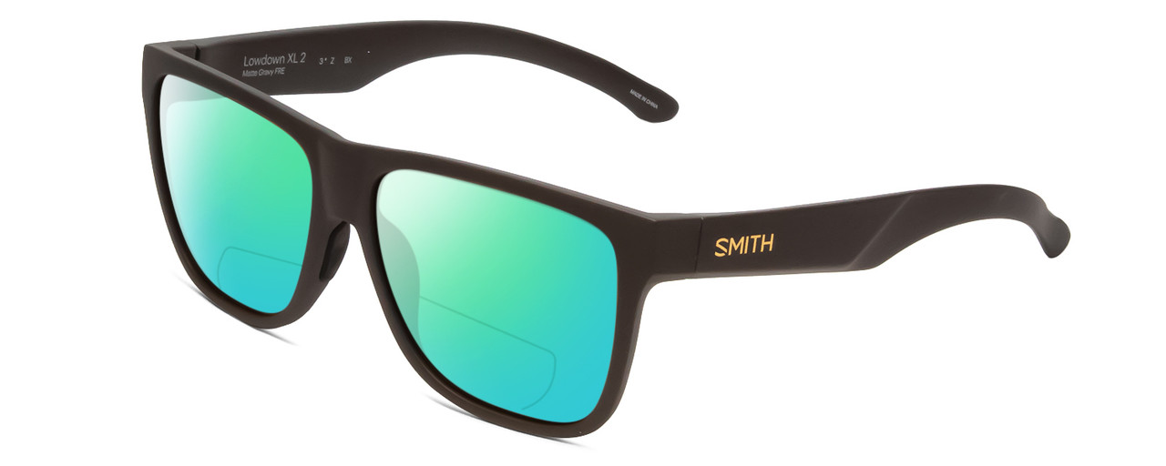 Profile View of Smith Optics Lowdown Xl 2 Designer Polarized Reading Sunglasses with Custom Cut Powered Green Mirror Lenses in Matte Gravy Grey Unisex Classic Full Rim Acetate 60 mm