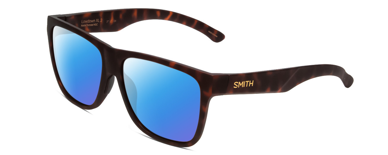 Profile View of Smith Optics Lowdown Xl 2 Designer Polarized Sunglasses with Custom Cut Blue Mirror Lenses in Matte Tortoise Havana Gold Unisex Classic Full Rim Acetate 60 mm
