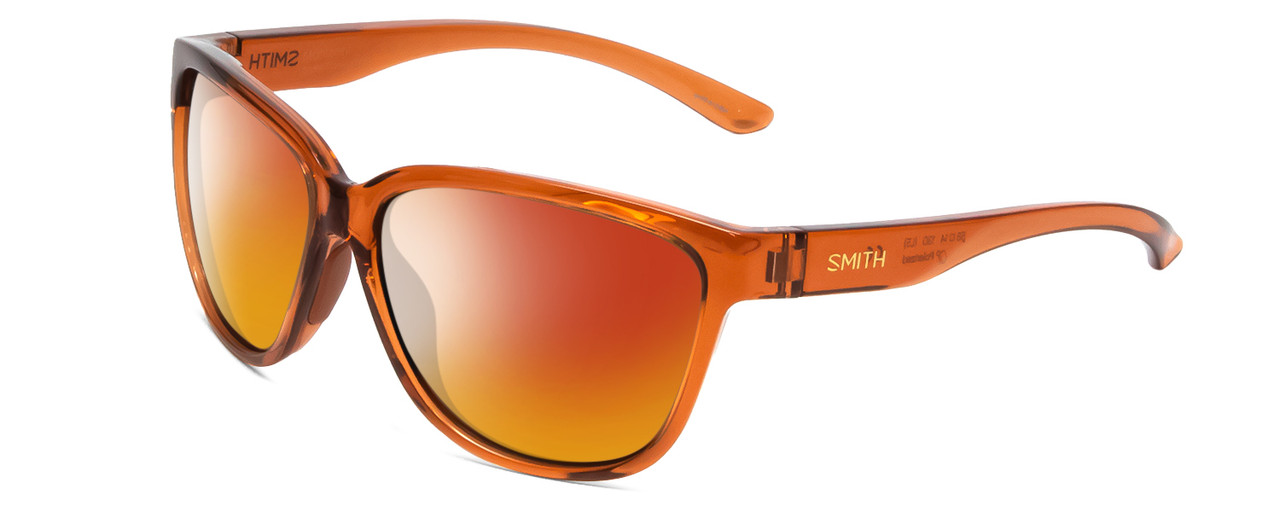 Profile View of Smith Optics Monterey Designer Polarized Sunglasses with Custom Cut Red Mirror Lenses in Crystal Tobacco Ladies Cateye Full Rim Acetate 58 mm
