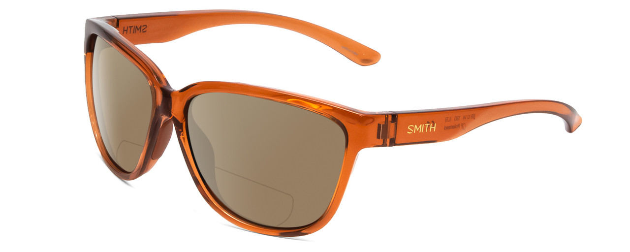Profile View of Smith Optics Monterey Designer Polarized Reading Sunglasses with Custom Cut Powered Amber Brown Lenses in Crystal Tobacco Ladies Cateye Full Rim Acetate 58 mm
