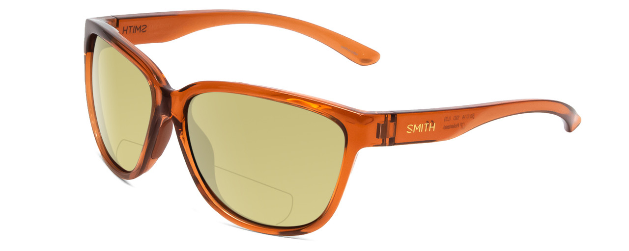 Profile View of Smith Optics Monterey Designer Polarized Reading Sunglasses with Custom Cut Powered Sun Flower Yellow Lenses in Crystal Tobacco Ladies Cateye Full Rim Acetate 58 mm