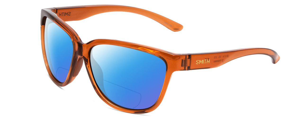 Profile View of Smith Optics Monterey Designer Polarized Reading Sunglasses with Custom Cut Powered Blue Mirror Lenses in Crystal Tobacco Ladies Cateye Full Rim Acetate 58 mm