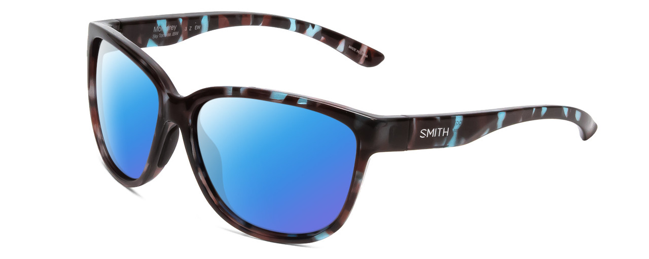 Profile View of Smith Optics Monterey Designer Polarized Sunglasses with Custom Cut Blue Mirror Lenses in Sky Tortoise Havana Marble Brown Ladies Cateye Full Rim Acetate 58 mm