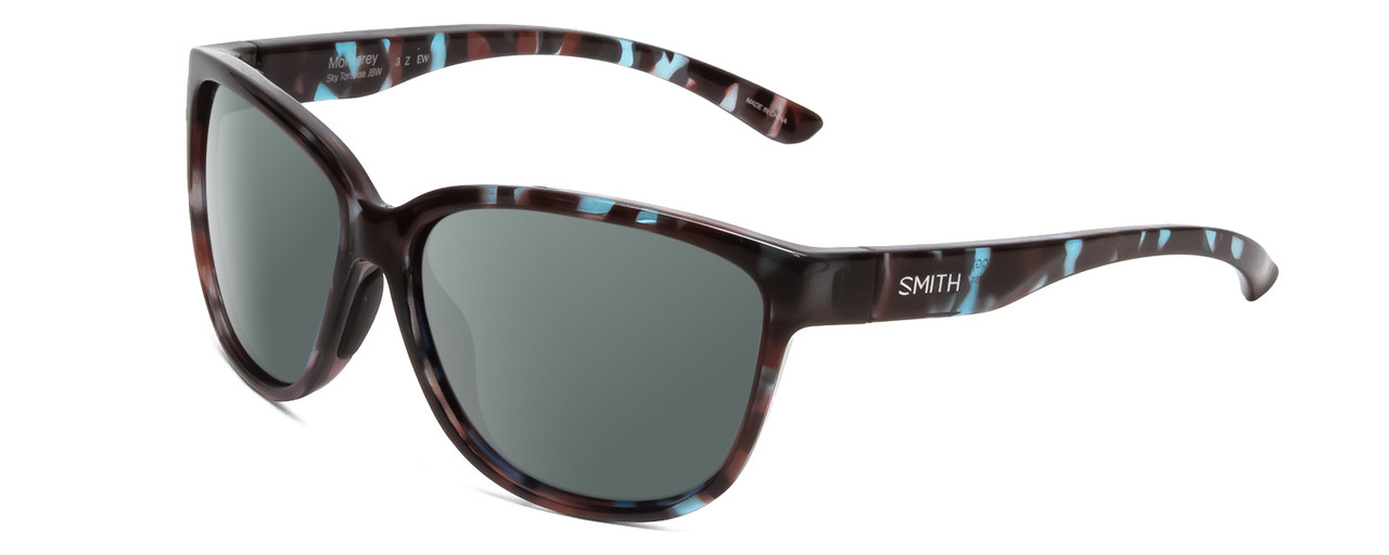 Profile View of Smith Optics Monterey Designer Polarized Sunglasses with Custom Cut Smoke Grey Lenses in Sky Tortoise Havana Marble Brown Ladies Cateye Full Rim Acetate 58 mm