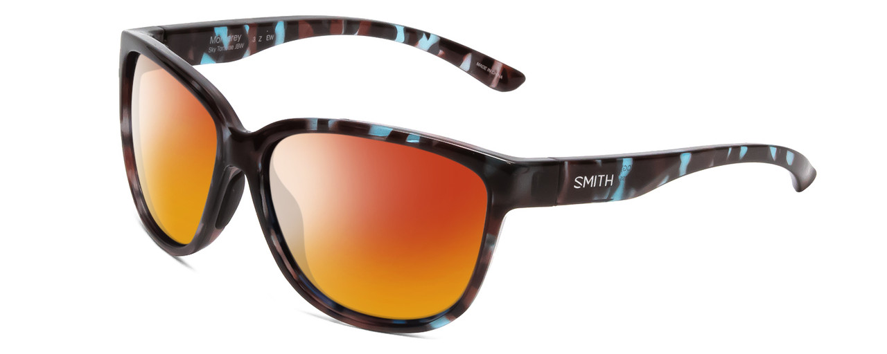 Profile View of Smith Optics Monterey Designer Polarized Sunglasses with Custom Cut Red Mirror Lenses in Sky Tortoise Havana Marble Brown Ladies Cateye Full Rim Acetate 58 mm
