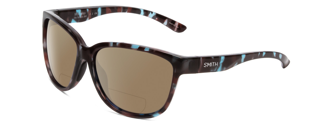 Profile View of Smith Optics Monterey Designer Polarized Reading Sunglasses with Custom Cut Powered Amber Brown Lenses in Sky Tortoise Havana Marble Brown Ladies Cateye Full Rim Acetate 58 mm