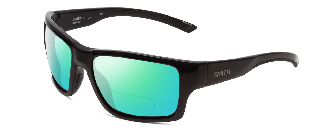 Profile View of Smith Optics Outback Designer Polarized Reading Sunglasses with Custom Cut Powered Green Mirror Lenses in Gloss Black Unisex Square Full Rim Acetate 59 mm