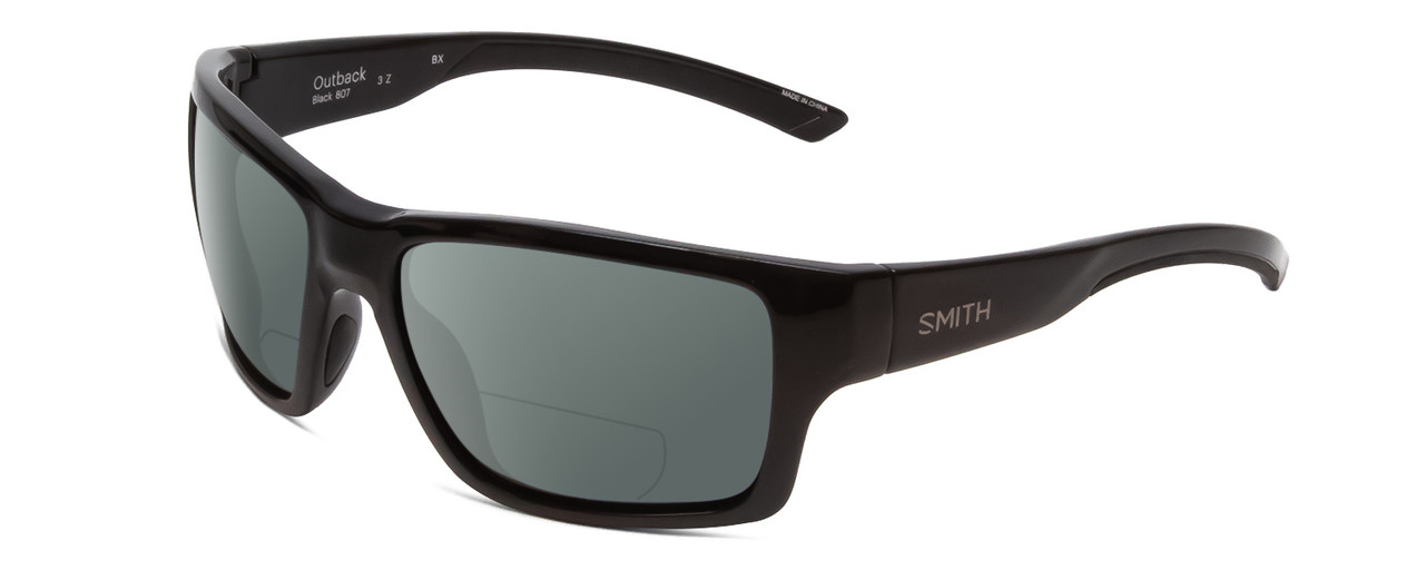 Profile View of Smith Optics Outback Designer Polarized Reading Sunglasses with Custom Cut Powered Smoke Grey Lenses in Gloss Black Unisex Square Full Rim Acetate 59 mm