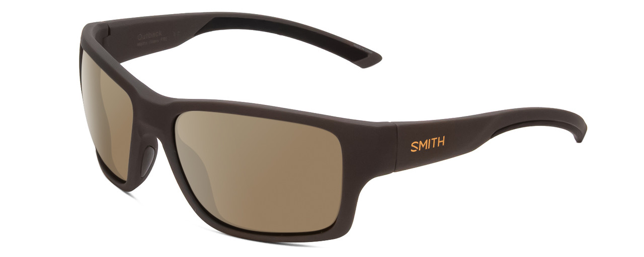 Profile View of Smith Optics Outback Designer Polarized Sunglasses with Custom Cut Amber Brown Lenses in Matte Gravy Grey Unisex Square Full Rim Acetate 59 mm