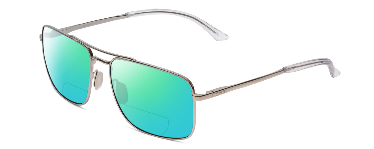 Profile View of Smith Optics Outcome Designer Polarized Reading Sunglasses with Custom Cut Powered Green Mirror Lenses in Silver Unisex Pilot Full Rim Metal 59 mm