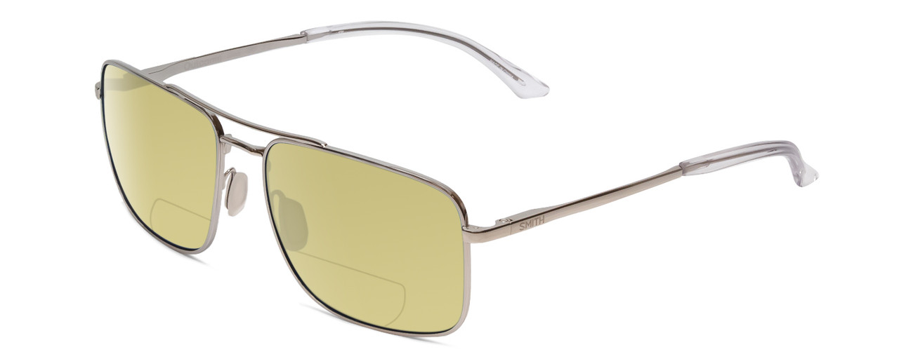 Profile View of Smith Optics Outcome Designer Polarized Reading Sunglasses with Custom Cut Powered Sun Flower Yellow Lenses in Silver Unisex Pilot Full Rim Metal 59 mm