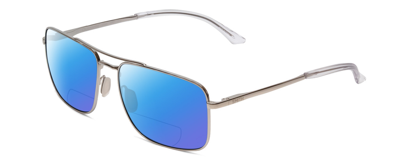 Profile View of Smith Optics Outcome Designer Polarized Reading Sunglasses with Custom Cut Powered Blue Mirror Lenses in Silver Unisex Pilot Full Rim Metal 59 mm