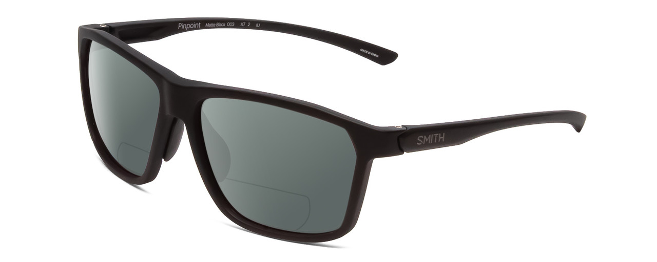 Profile View of Smith Optics Pinpoint Designer Polarized Reading Sunglasses with Custom Cut Powered Smoke Grey Lenses in Matte Black Unisex Square Full Rim Acetate 59 mm