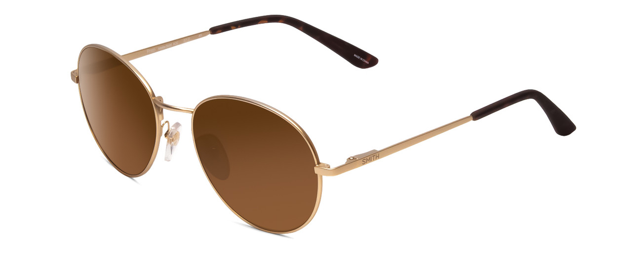 Profile View of Smith Prep Unisex Round Designer Sunglasses in Matte Gold/Polarized Brown 53 mm