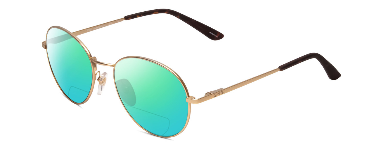 Profile View of Smith Optics Prep Designer Polarized Reading Sunglasses with Custom Cut Powered Green Mirror Lenses in Matte Gold Unisex Round Full Rim Metal 53 mm