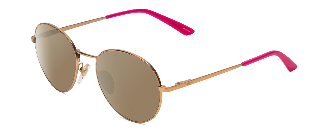 Profile View of Smith Optics Prep Designer Polarized Sunglasses with Custom Cut Amber Brown Lenses in Rose Gold Unisex Round Full Rim Metal 53 mm