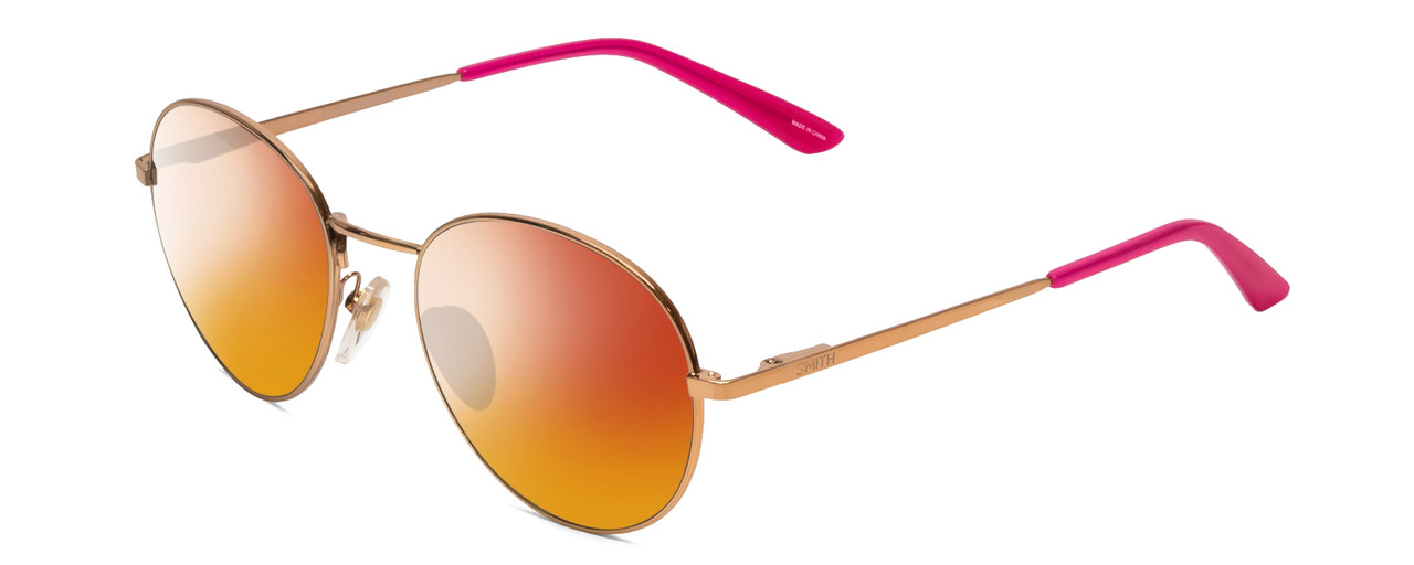 Profile View of Smith Optics Prep Designer Polarized Sunglasses with Custom Cut Red Mirror Lenses in Rose Gold Unisex Round Full Rim Metal 53 mm