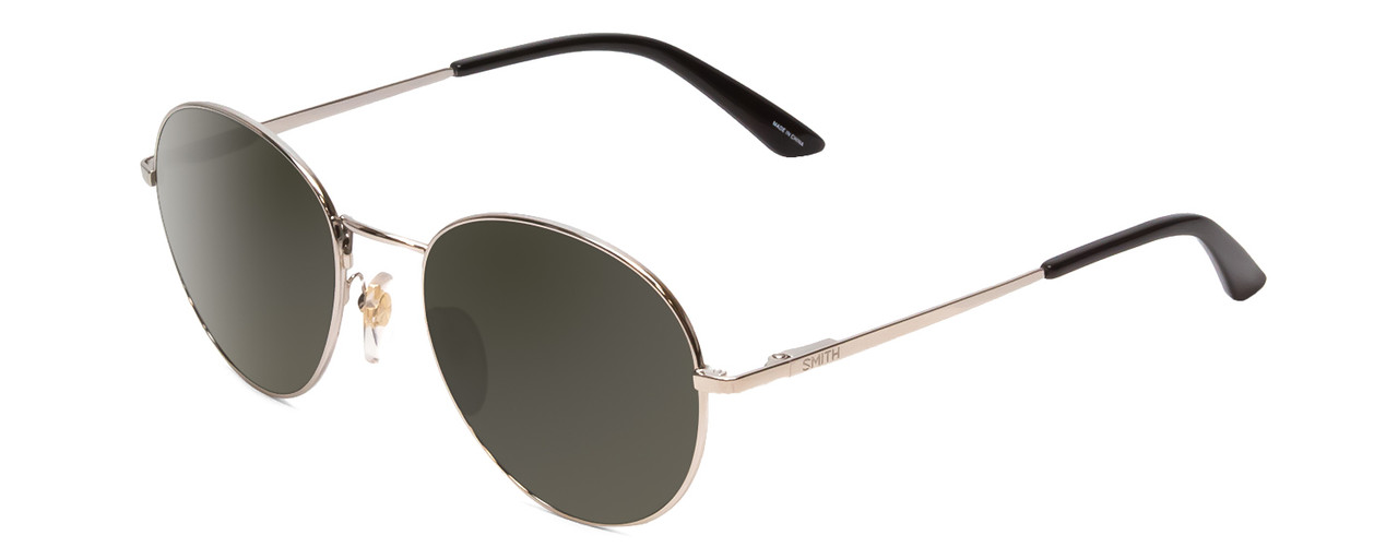 Profile View of Smith Prep Unisex Round Designer Sunglasses in Silver Black/Polarized Gray 59 mm