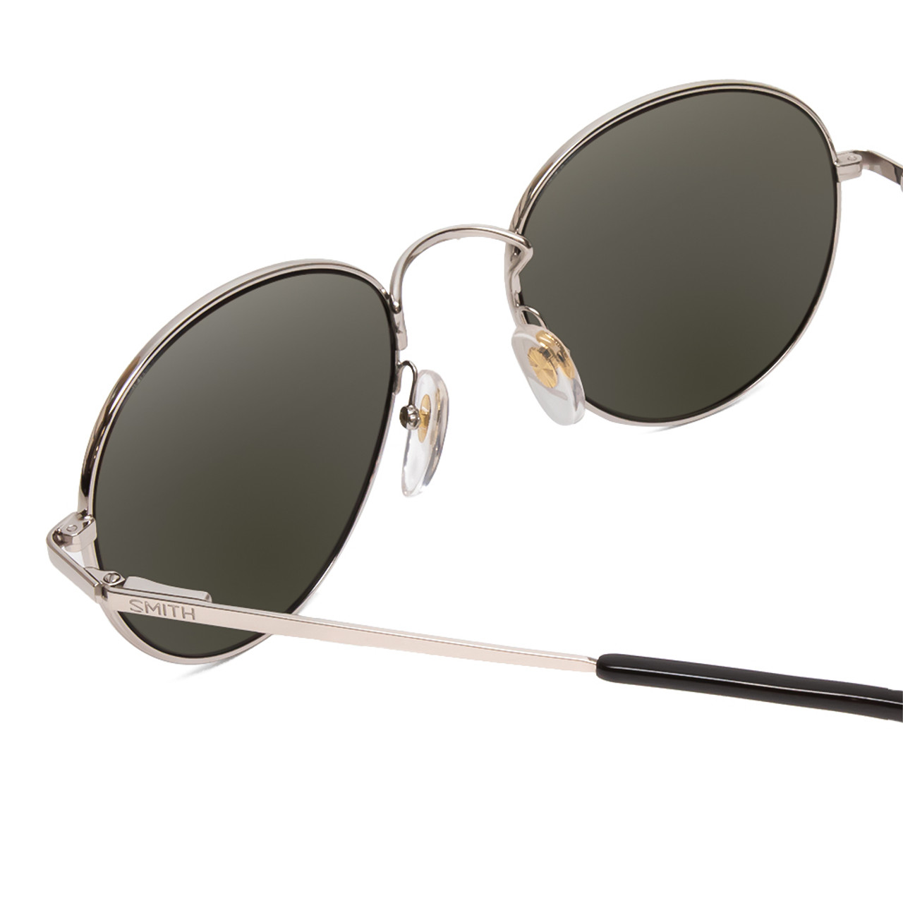 Close Up View of Smith Prep Unisex Round Designer Sunglasses in Silver Black/Polarized Gray 59 mm