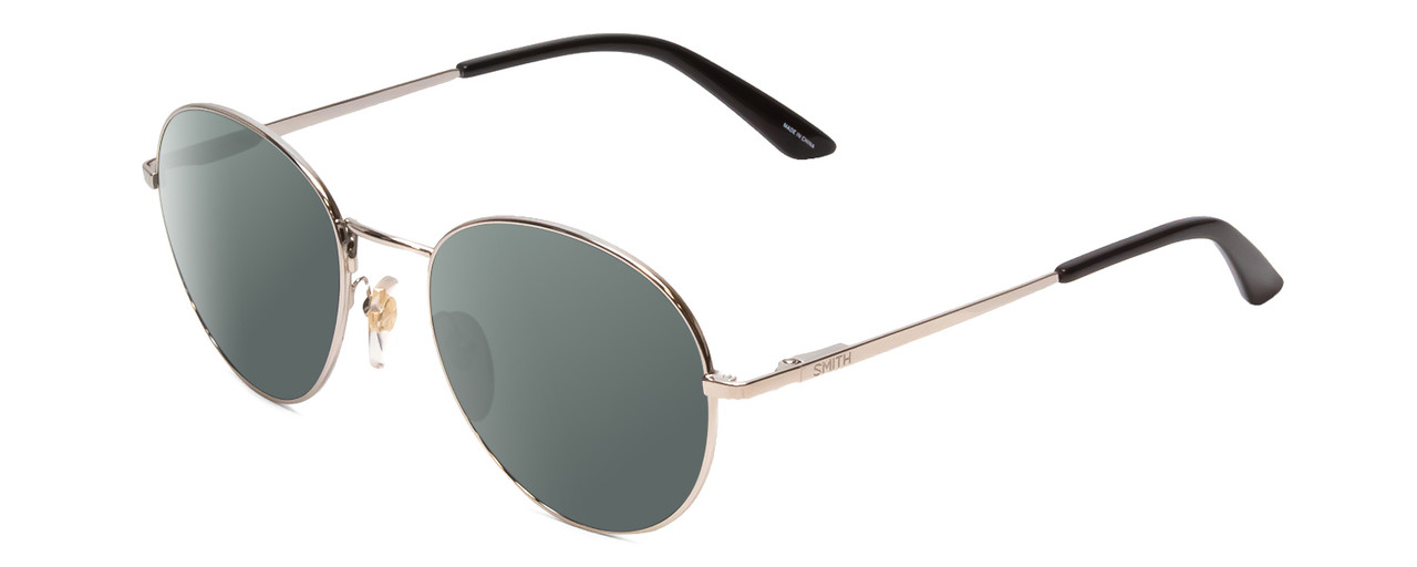Profile View of Smith Optics Prep Designer Polarized Sunglasses with Custom Cut Smoke Grey Lenses in Silver Black Unisex Round Full Rim Metal 59 mm
