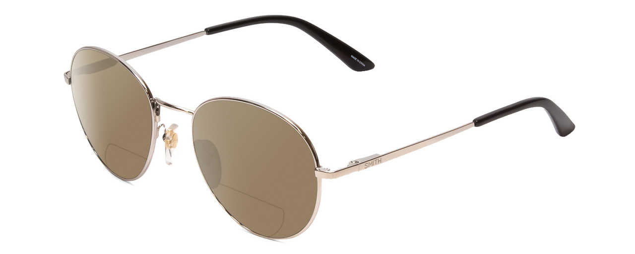 Profile View of Smith Optics Prep Designer Polarized Reading Sunglasses with Custom Cut Powered Amber Brown Lenses in Silver Black Unisex Round Full Rim Metal 59 mm