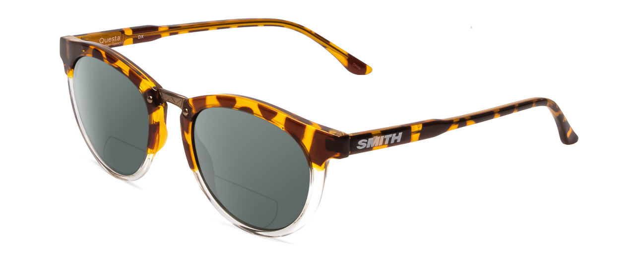 Profile View of Smith Optics Questa Designer Polarized Reading Sunglasses with Custom Cut Powered Smoke Grey Lenses in Amber Brown Tortoise Ladies Round Full Rim Acetate 50 mm