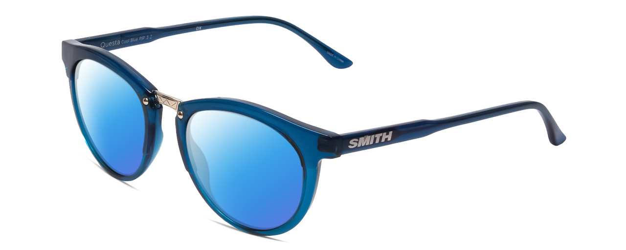 Profile View of Smith Optics Questa Designer Polarized Sunglasses with Custom Cut Blue Mirror Lenses in Cool Blue Crystal Ladies Round Full Rim Acetate 50 mm