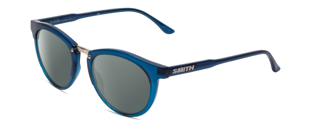 Profile View of Smith Optics Questa Designer Polarized Sunglasses with Custom Cut Smoke Grey Lenses in Cool Blue Crystal Ladies Round Full Rim Acetate 50 mm