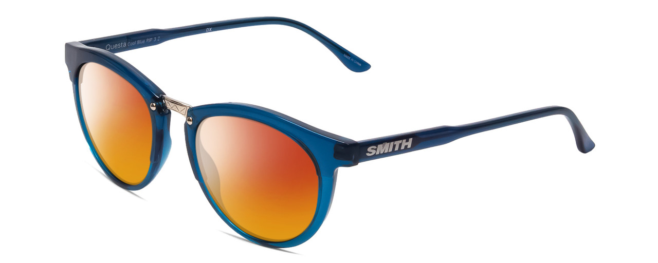 Profile View of Smith Optics Questa Designer Polarized Sunglasses with Custom Cut Red Mirror Lenses in Cool Blue Crystal Ladies Round Full Rim Acetate 50 mm
