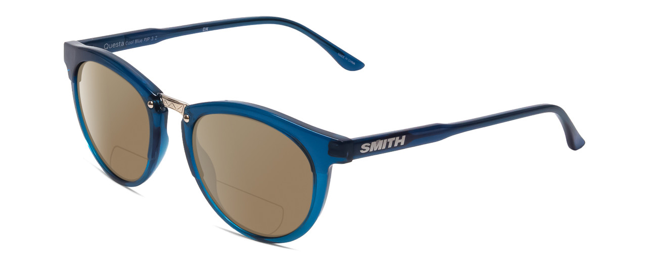 Profile View of Smith Optics Questa Designer Polarized Reading Sunglasses with Custom Cut Powered Amber Brown Lenses in Cool Blue Crystal Ladies Round Full Rim Acetate 50 mm