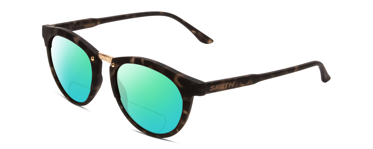 Profile View of Smith Optics Questa Designer Polarized Reading Sunglasses with Custom Cut Powered Green Mirror Lenses in Matte Ash Tortoise Brown Grey Ladies Round Full Rim Acetate 50 mm