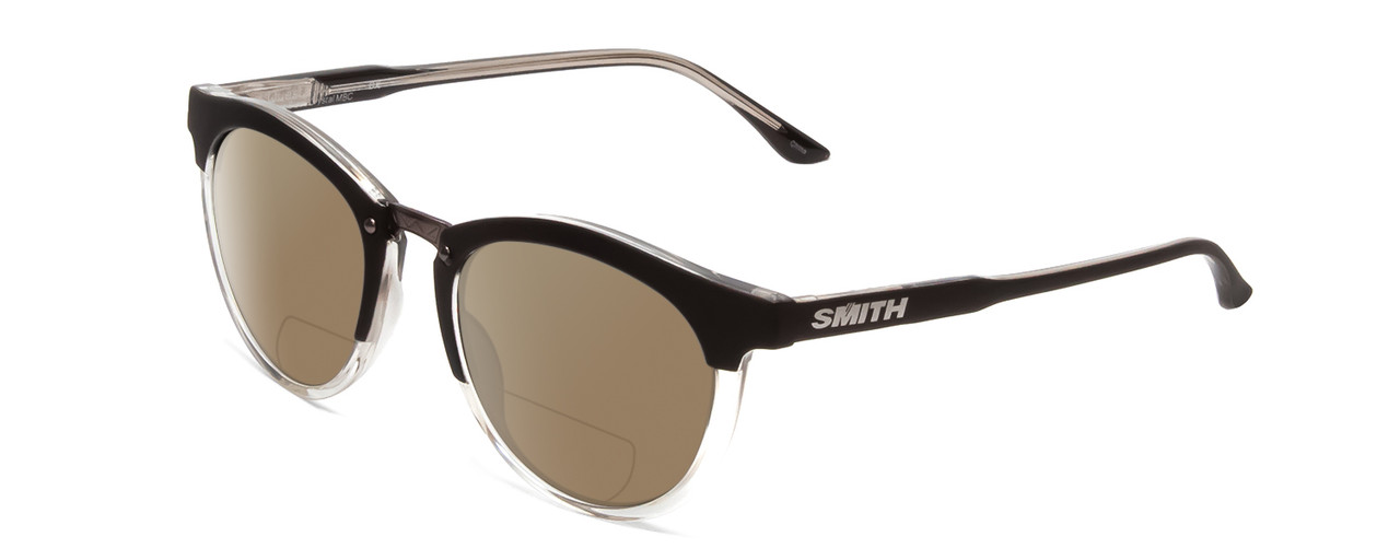 Profile View of Smith Optics Questa Designer Polarized Reading Sunglasses with Custom Cut Powered Amber Brown Lenses in Matte Black Crystal Ladies Round Full Rim Acetate 50 mm