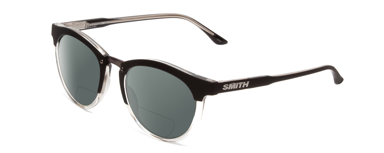 Profile View of Smith Optics Questa Designer Polarized Reading Sunglasses with Custom Cut Powered Smoke Grey Lenses in Matte Black Crystal Ladies Round Full Rim Acetate 50 mm