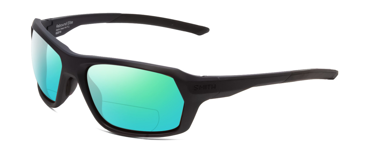 Profile View of Smith Optics Rebound Elite Designer Polarized Reading Sunglasses with Custom Cut Powered Green Mirror Lenses in Matte Deep Ink Navy Blue Cobalt Unisex Rectangle Full Rim Acetate 59 mm