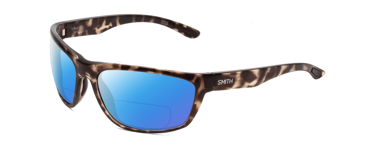 Profile View of Smith Optics Redding Designer Polarized Reading Sunglasses with Custom Cut Powered Blue Mirror Lenses in Black Tortoise Unisex Wrap Full Rim Acetate 62 mm