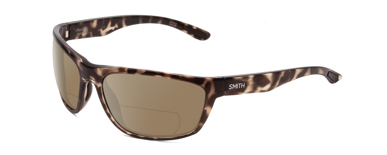 Profile View of Smith Optics Redding Designer Polarized Reading Sunglasses with Custom Cut Powered Amber Brown Lenses in Black Tortoise Unisex Wrap Full Rim Acetate 62 mm