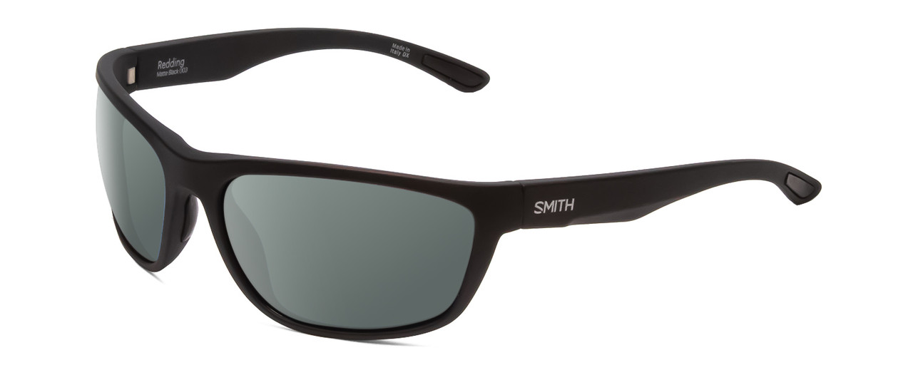 Profile View of Smith Optics Redding Designer Polarized Sunglasses with Custom Cut Smoke Grey Lenses in Matte Black Unisex Wrap Full Rim Acetate 62 mm