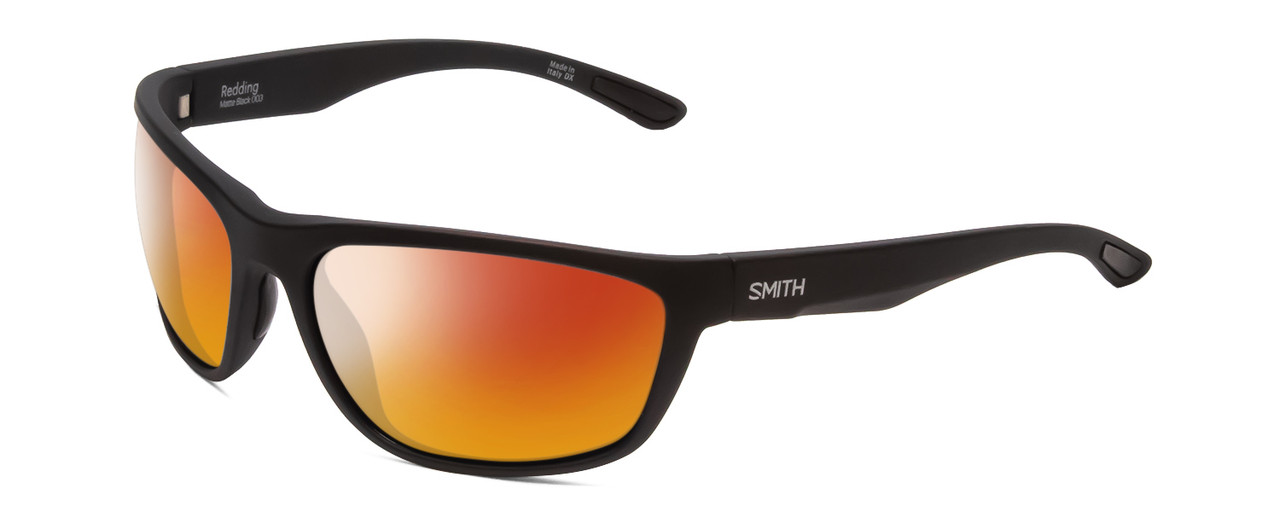 Profile View of Smith Optics Redding Designer Polarized Sunglasses with Custom Cut Red Mirror Lenses in Matte Black Unisex Wrap Full Rim Acetate 62 mm