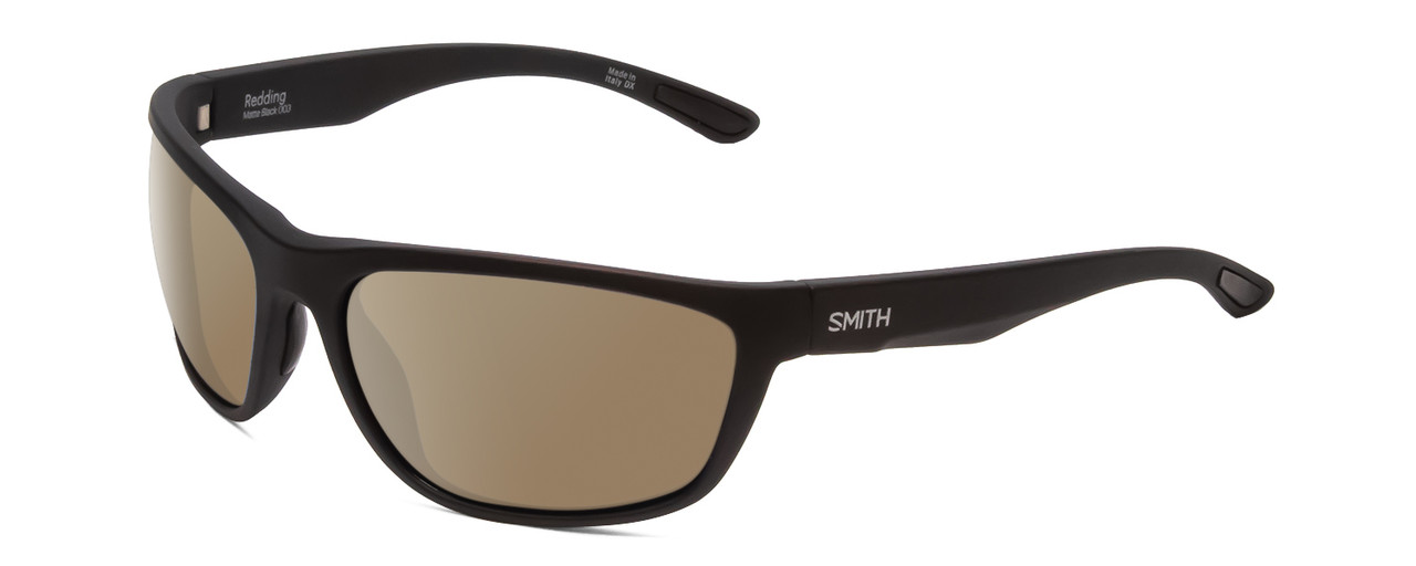 Profile View of Smith Optics Redding Designer Polarized Sunglasses with Custom Cut Amber Brown Lenses in Matte Black Unisex Wrap Full Rim Acetate 62 mm