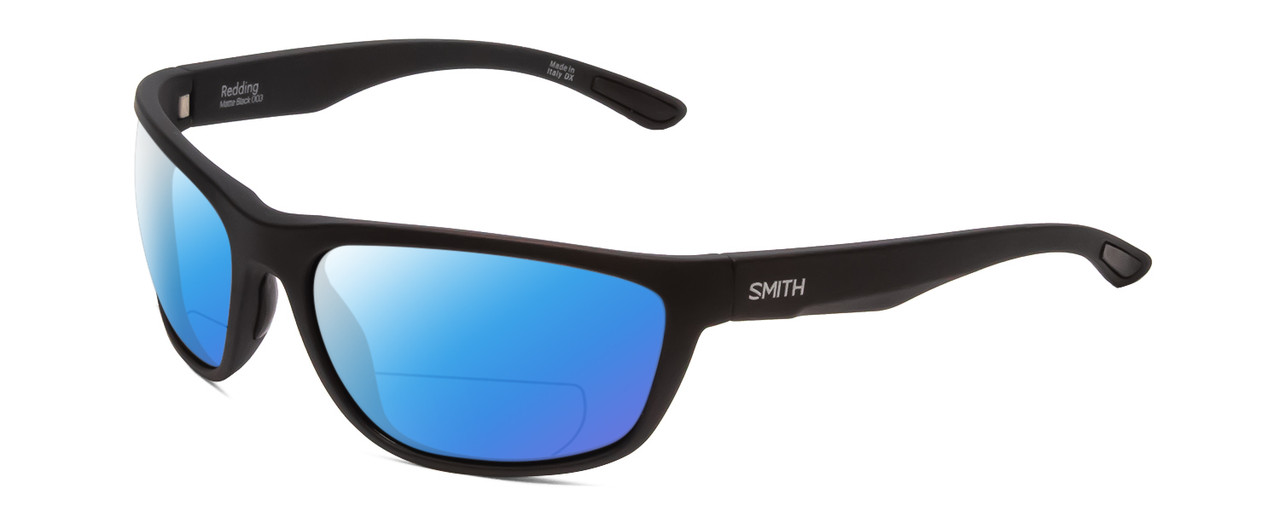 Profile View of Smith Optics Redding Designer Polarized Reading Sunglasses with Custom Cut Powered Blue Mirror Lenses in Matte Black Unisex Wrap Full Rim Acetate 62 mm
