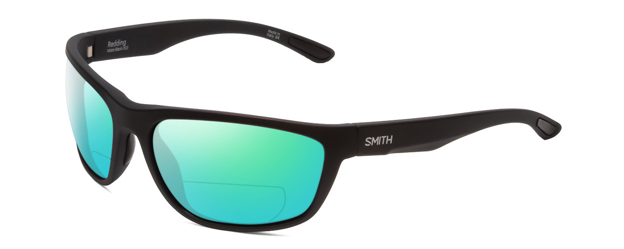 Profile View of Smith Optics Redding Designer Polarized Reading Sunglasses with Custom Cut Powered Green Mirror Lenses in Matte Black Unisex Wrap Full Rim Acetate 62 mm